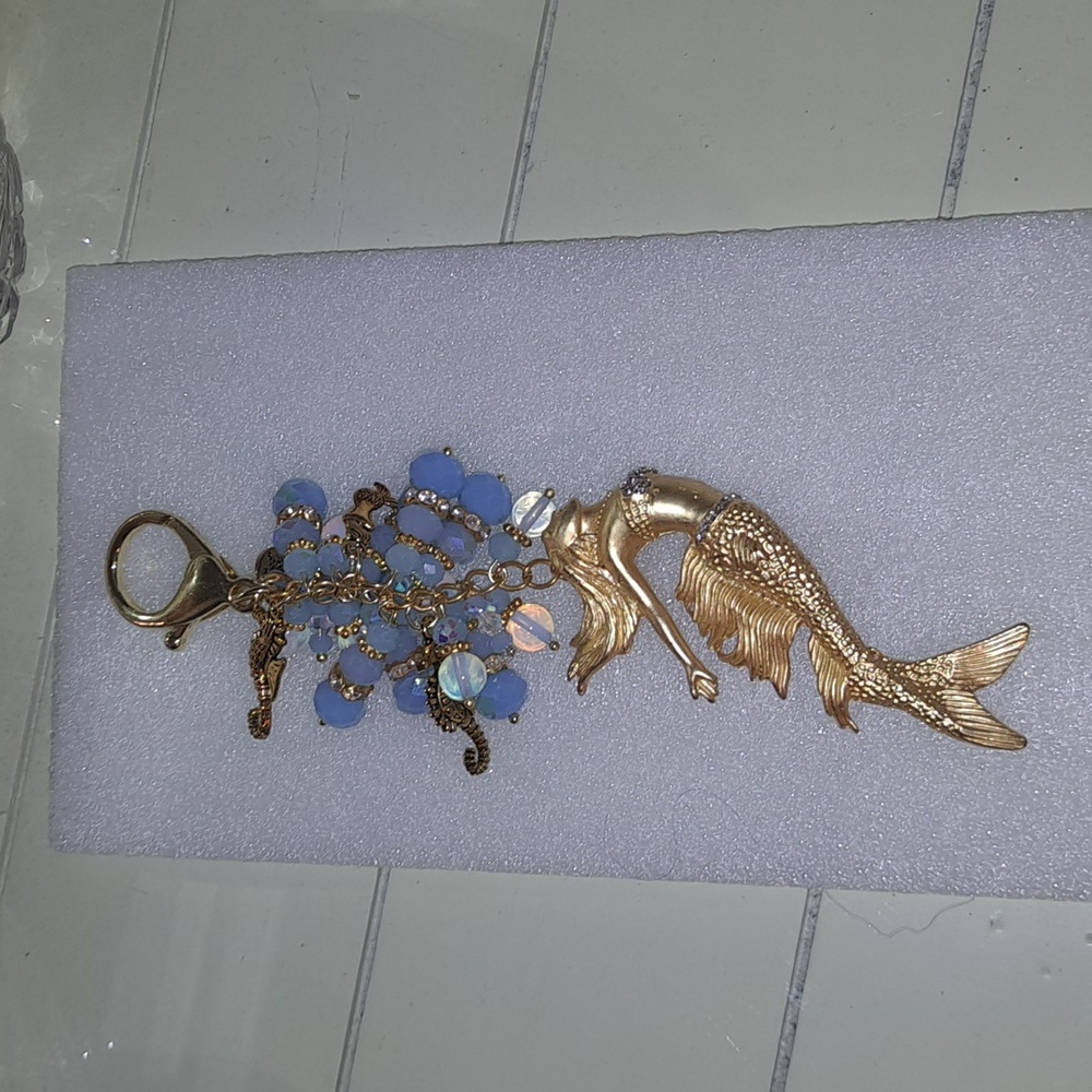 Handmade purse charm mermaid with sparkling embedded top blue beads